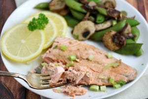 Honey Soy Rainbow Trout Recipe with Snap Peas and Mushrooms