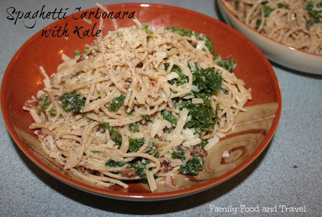 spaghetti carbornara with kale